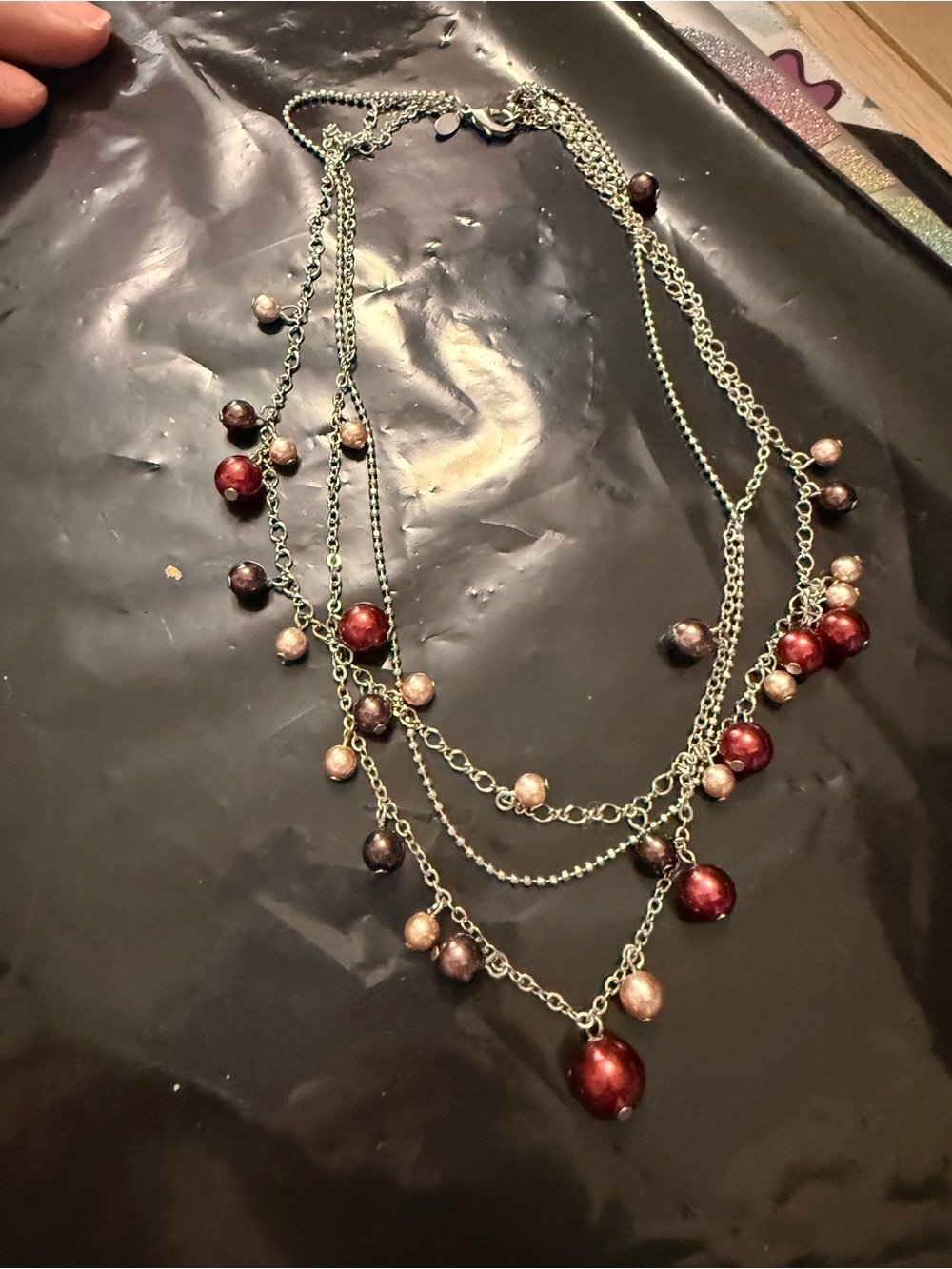 Premier Designs Multi Strand Faux Pearl Dangle Necklace Silver Tone Signed PD